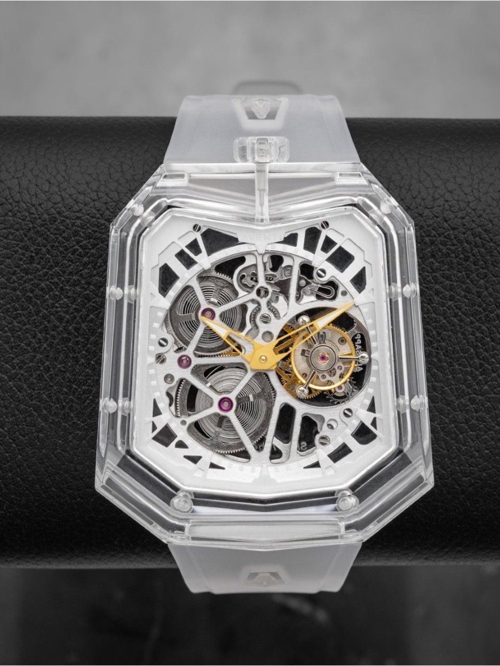 Avanti Transparent Skeleton Watch with Gold Hands and White Strap